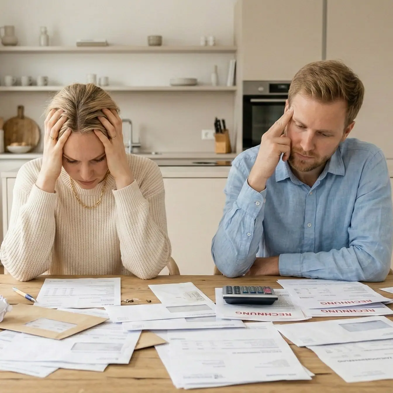 Verzweifelte Eltern am Küchentisch vor lauter Rechnungen