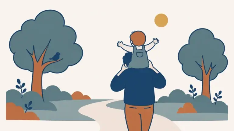 Elternteil trägt Kleinkind auf den Schultern durch einen Park – Illustration zur Absicherung der Familie