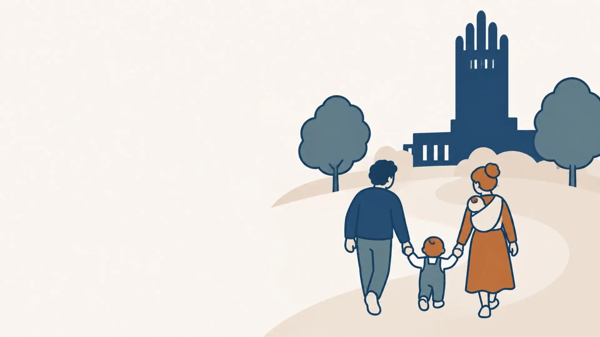 Familie beim Spaziergang auf der Mathildenhöhe in Darmstadt mit Hochzeitsturm – Illustration