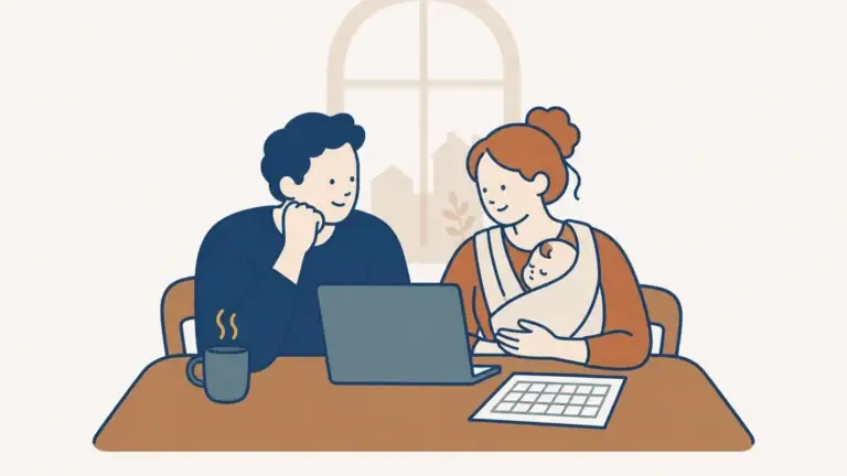 Eltern planen am Küchentisch mit Laptop und Kalender die Finanzen für die Elternzeit – Illustration