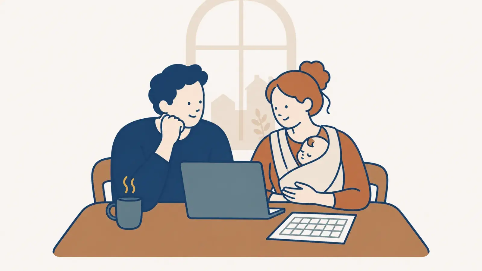 Eltern planen am Küchentisch mit Laptop und Kalender die Finanzen für die Elternzeit – Illustration
