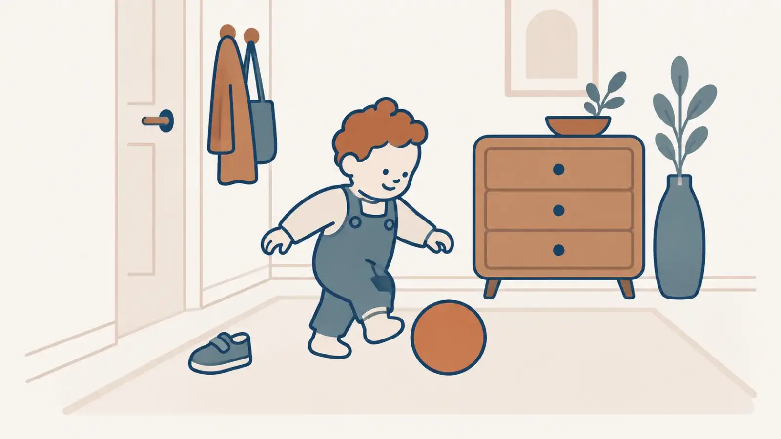 Kleinkind spielt mit Ball im Flur neben Kommode und Vase – Illustration zur Haftpflicht mit Kind