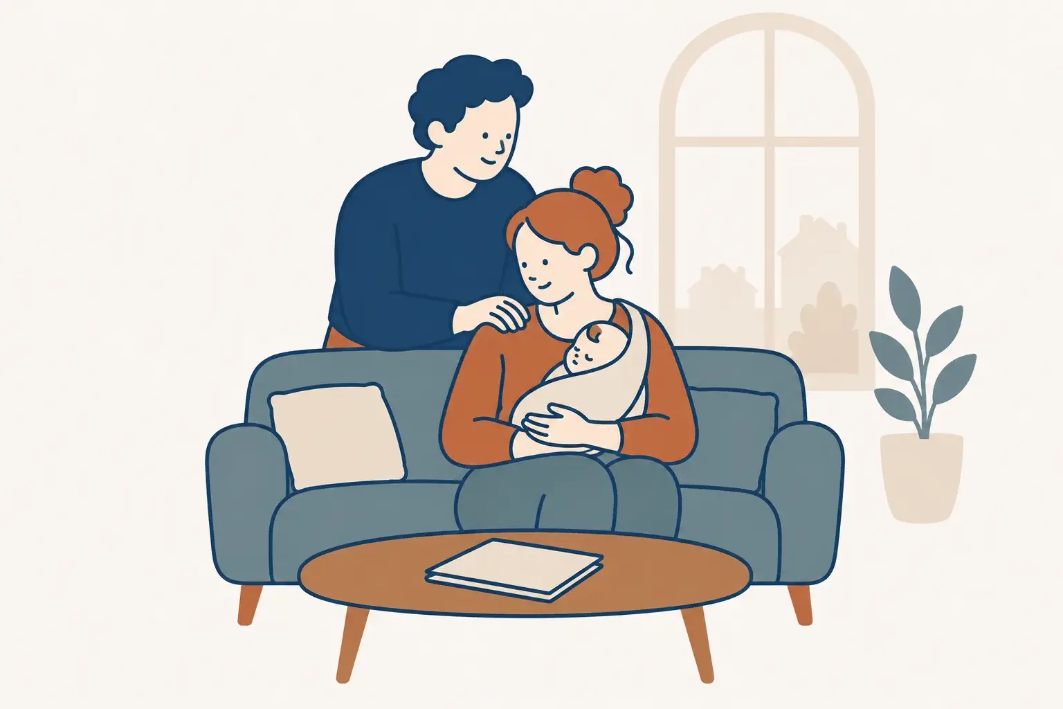Eltern mit Baby auf dem Sofa – Illustration zu Absicherung und Vorsorge für Familien