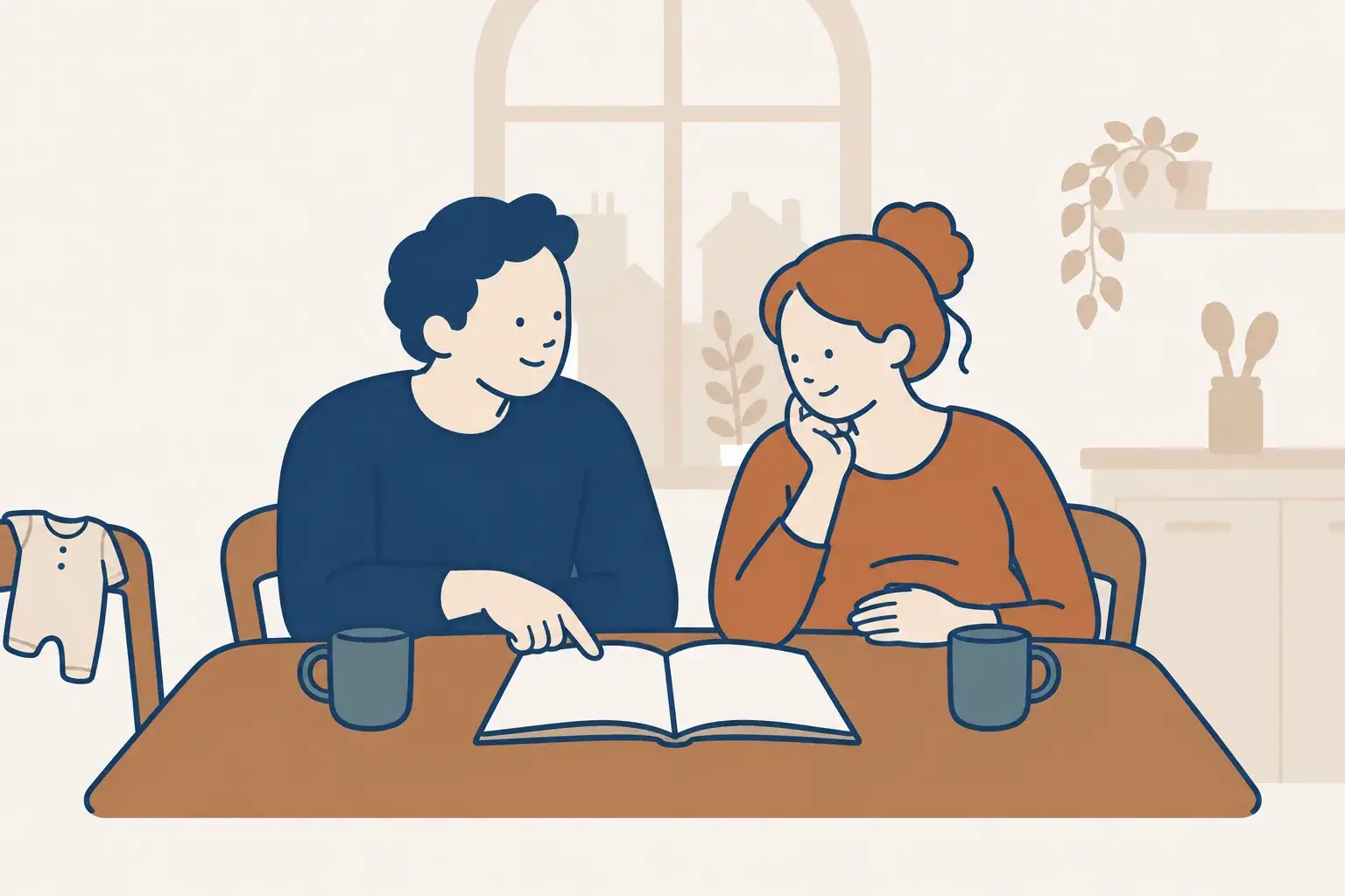 Werdende Eltern planen am Küchentisch mit Notizbuch ihre Rücklagen – Illustration