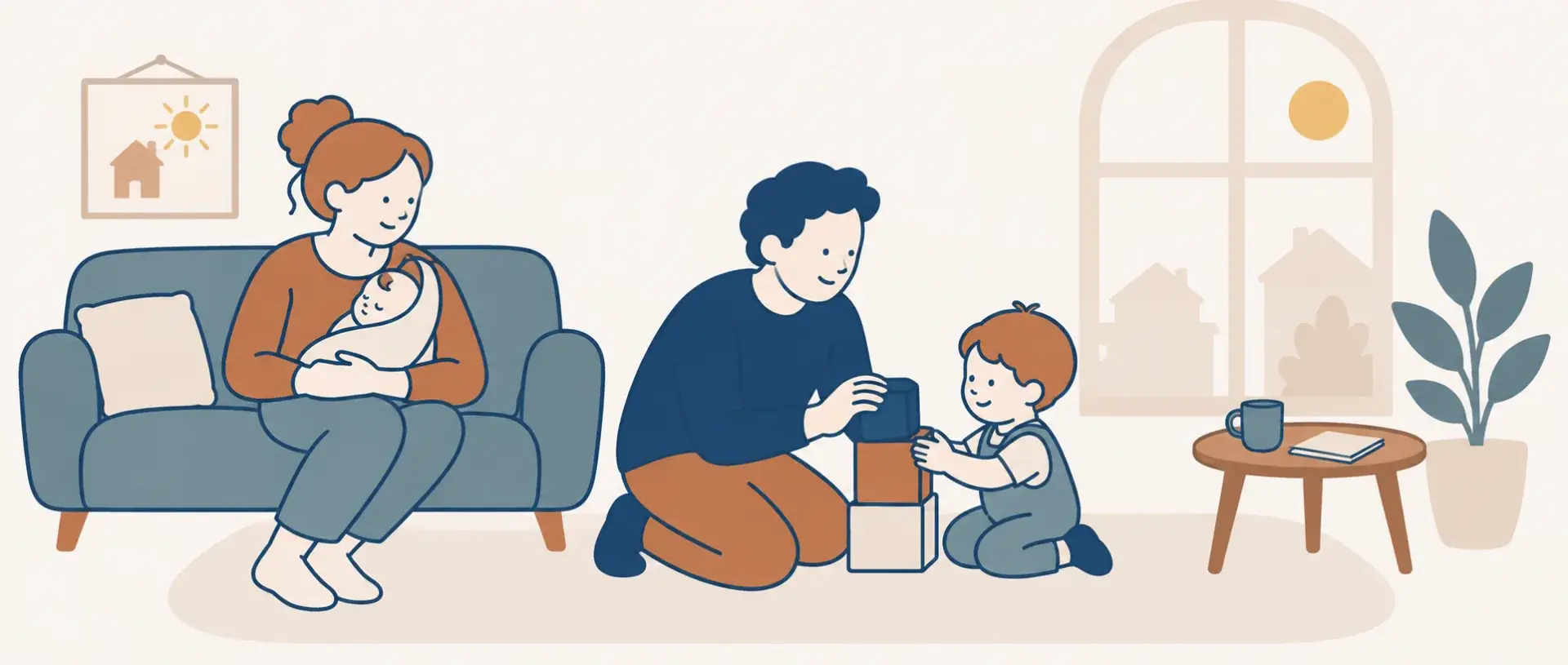 Junge Familie mit Baby und Kleinkind im Wohnzimmer – Illustration