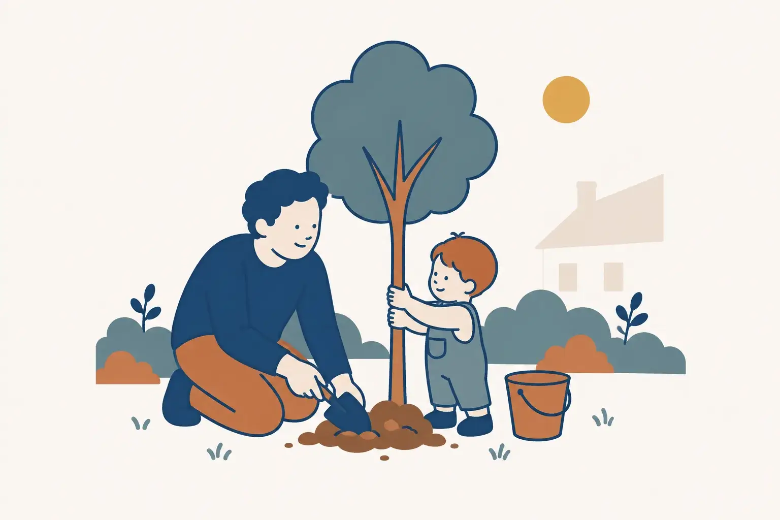 Elternteil und Kind pflanzen gemeinsam einen jungen Baum – Illustration zum Vermögensaufbau für Familien