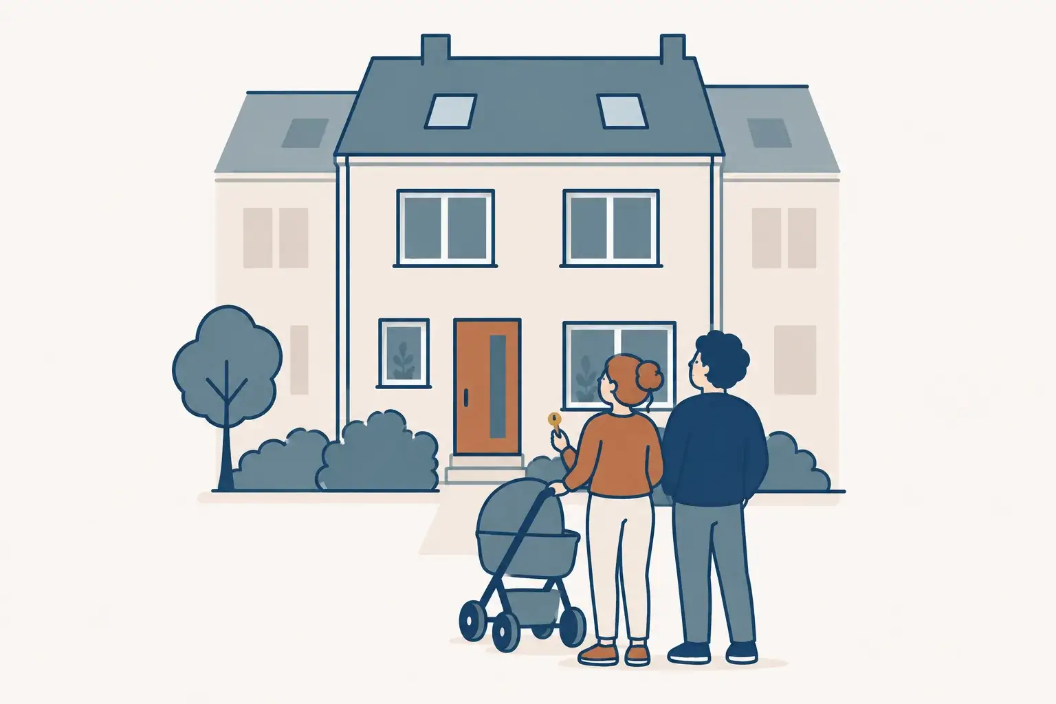 Junge Familie mit Kinderwagen und Schlüssel vor ihrem Reihenhaus – Illustration zu Wohnen und Finanzierung