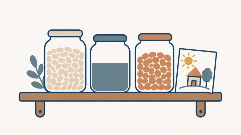 Drei Vorratsgläser auf einem Küchenregal neben einer Kinderzeichnung – Illustration zum Notgroschen