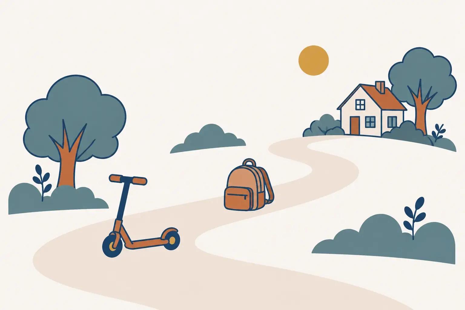 Weg mit Roller, Schulranzen und Haus als Lebensstationen – Illustration zum langfristigen Sparen für ein Kind