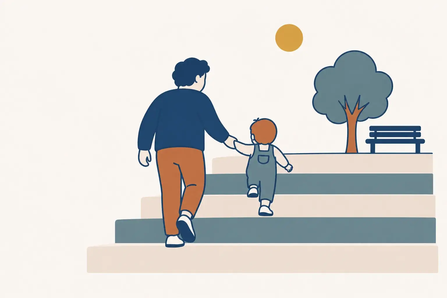 Elternteil und Kind gehen Hand in Hand eine Treppe hinauf – Illustration zur schrittweisen Vorsorge
