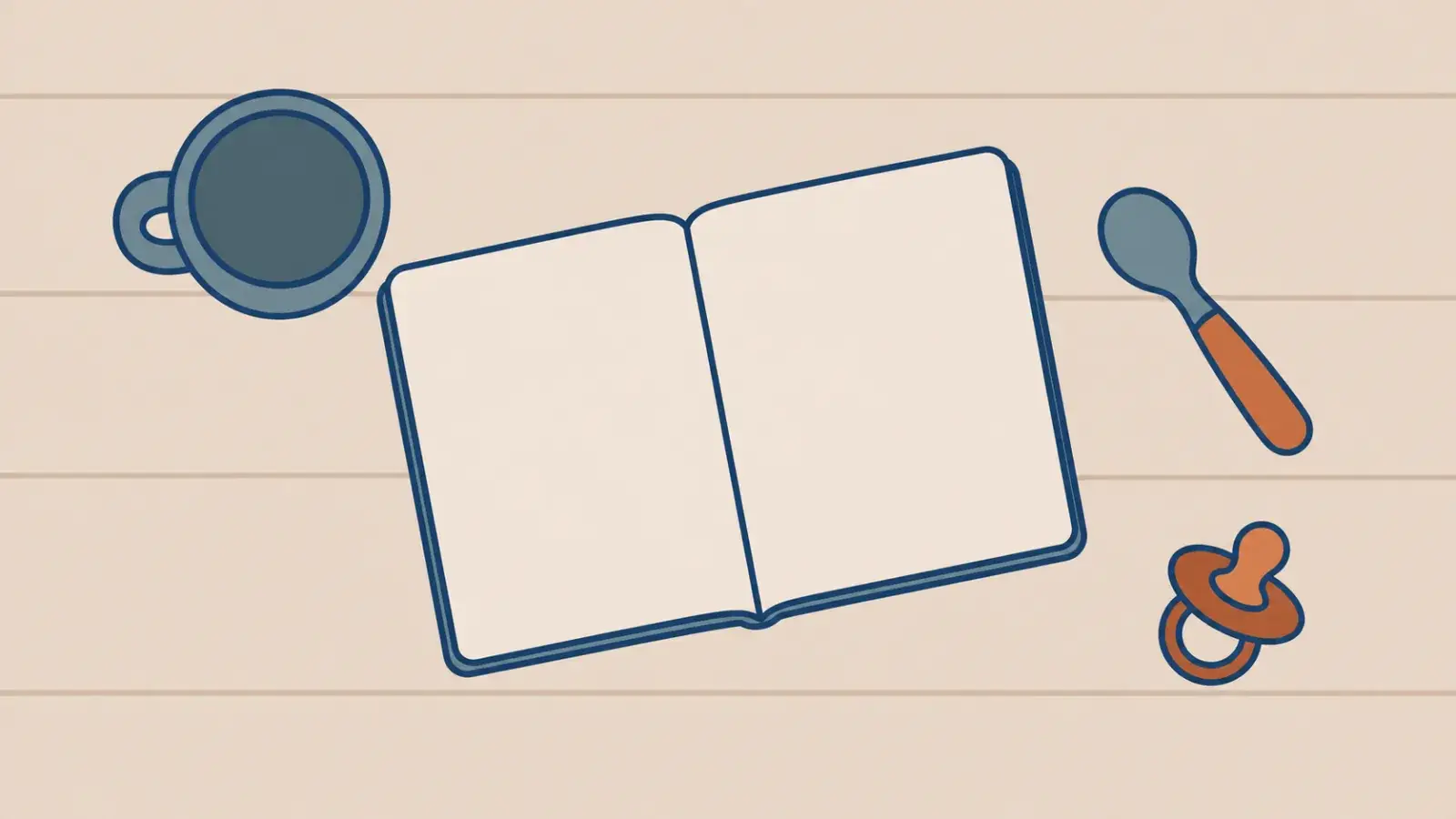Küchentisch von oben mit Tasse, Notizbuch, Kinderlöffel und Schnuller – Illustration zum Ratgeber