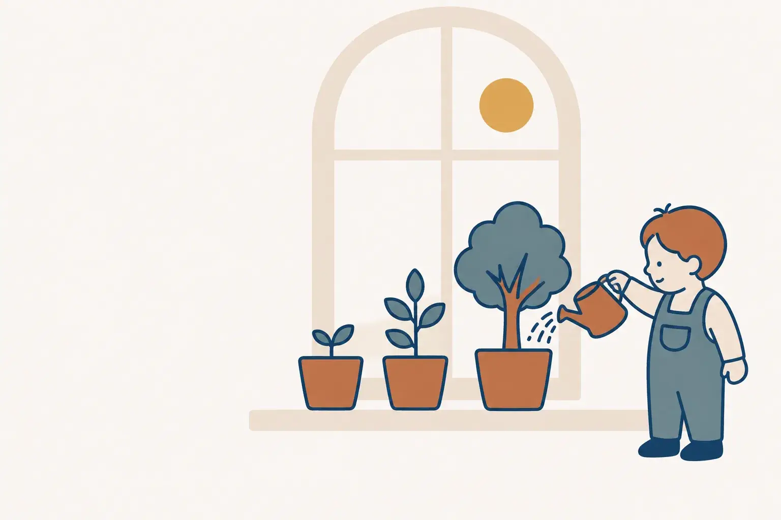 Kind gießt drei wachsende Pflanzen auf der Fensterbank – Illustration zum Rechner Vermögensaufbau für euer Kind